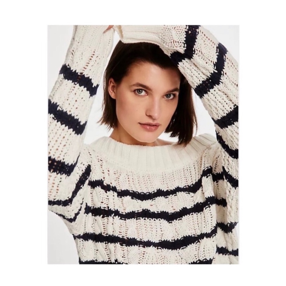 Anthropologie Bella Ivory Navy Striped Sweater Women’s XL Oversized Knit